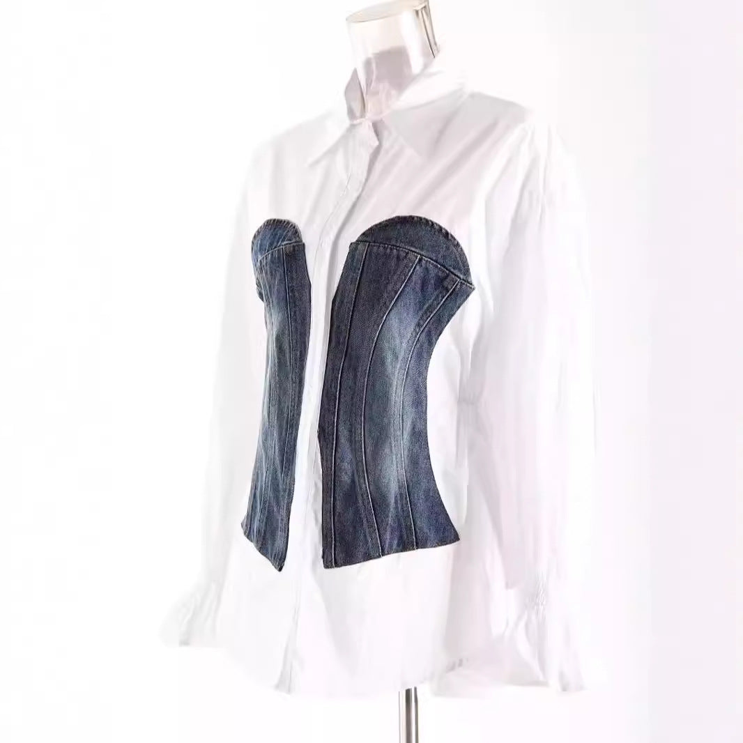 Women's Color Contrast Patchwork Denim Fake Waist Blouses