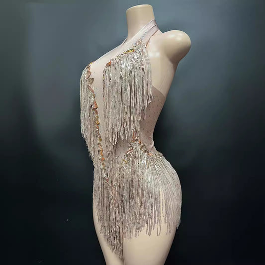 Shining Diamond Tassel Round Neck Elegant Jumpsuits