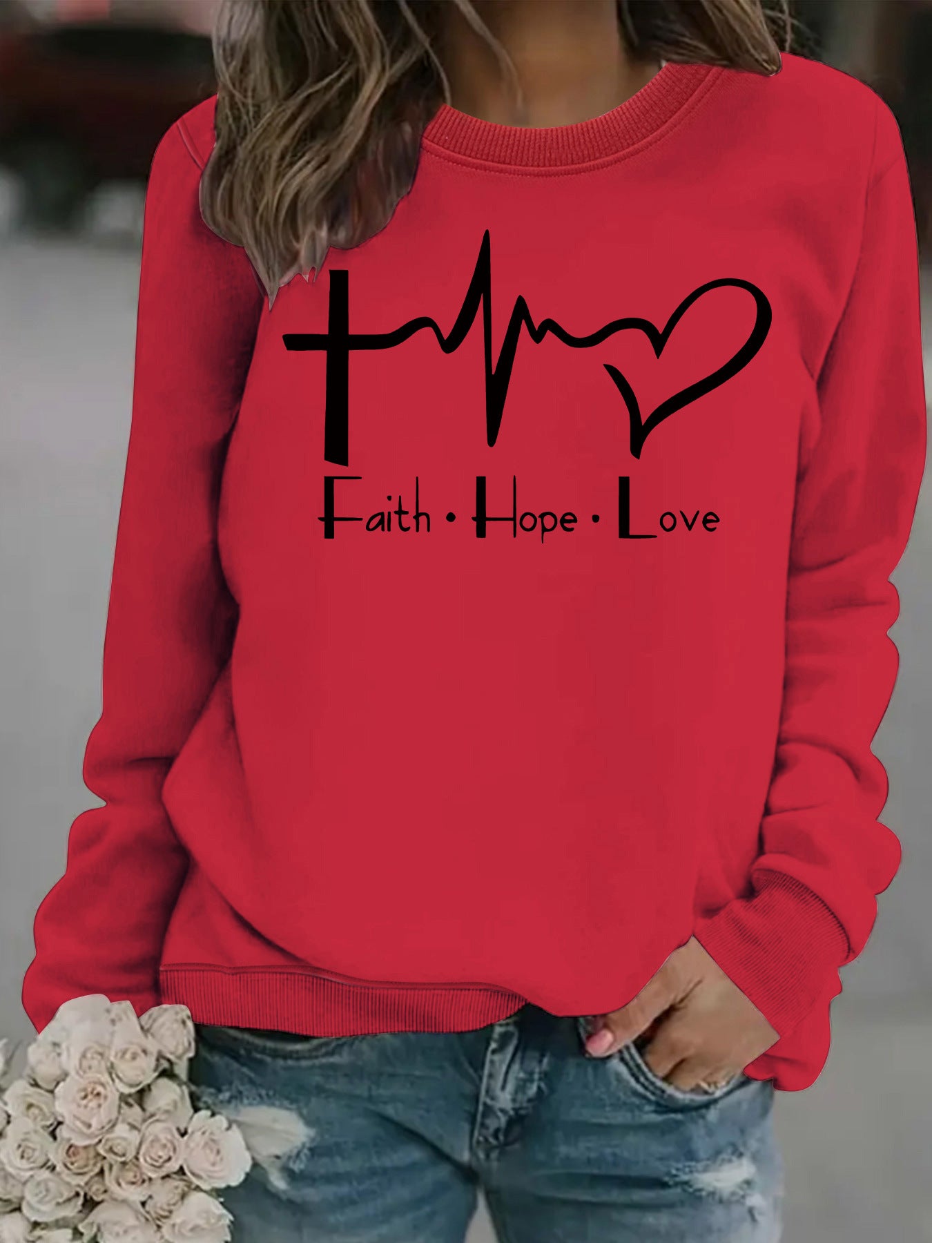 Women's Loose Casual Faith Hope Love Jump Printed Wear Round Neck Women's Sweater, Sweater