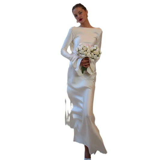 Backless Satin High Slit Flared Sleeves Dresses