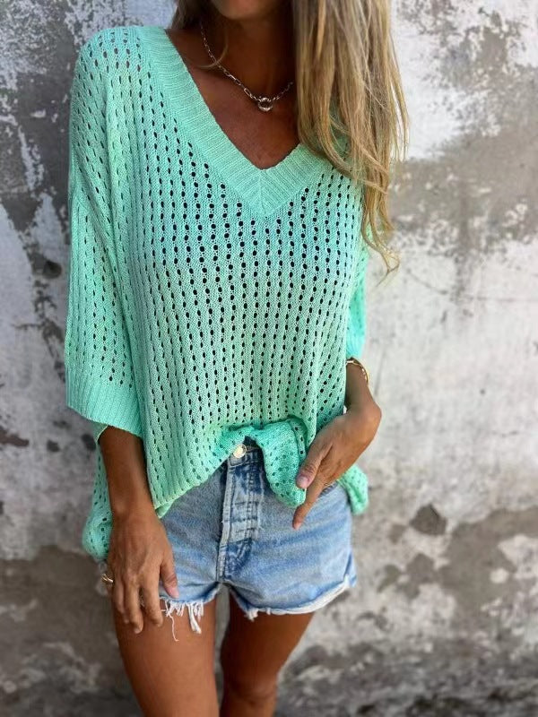 Women's T-shirt Hollow Out Outer Match Long-sleeved Knitted Knitwear
