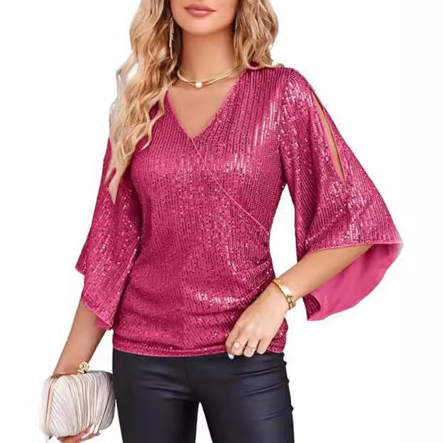 Women's Sequined Flare Sleeve Slim Fit Glitter Blouses