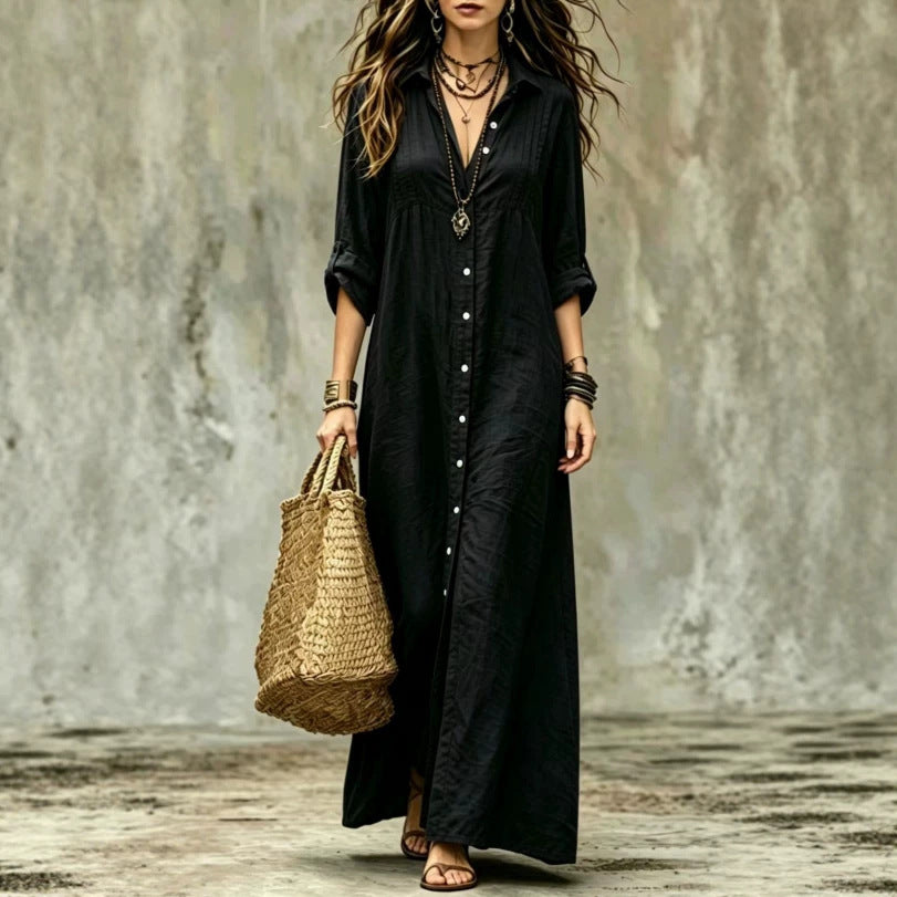 Comfortable Shirt Collar Floor Casual Simple Dress