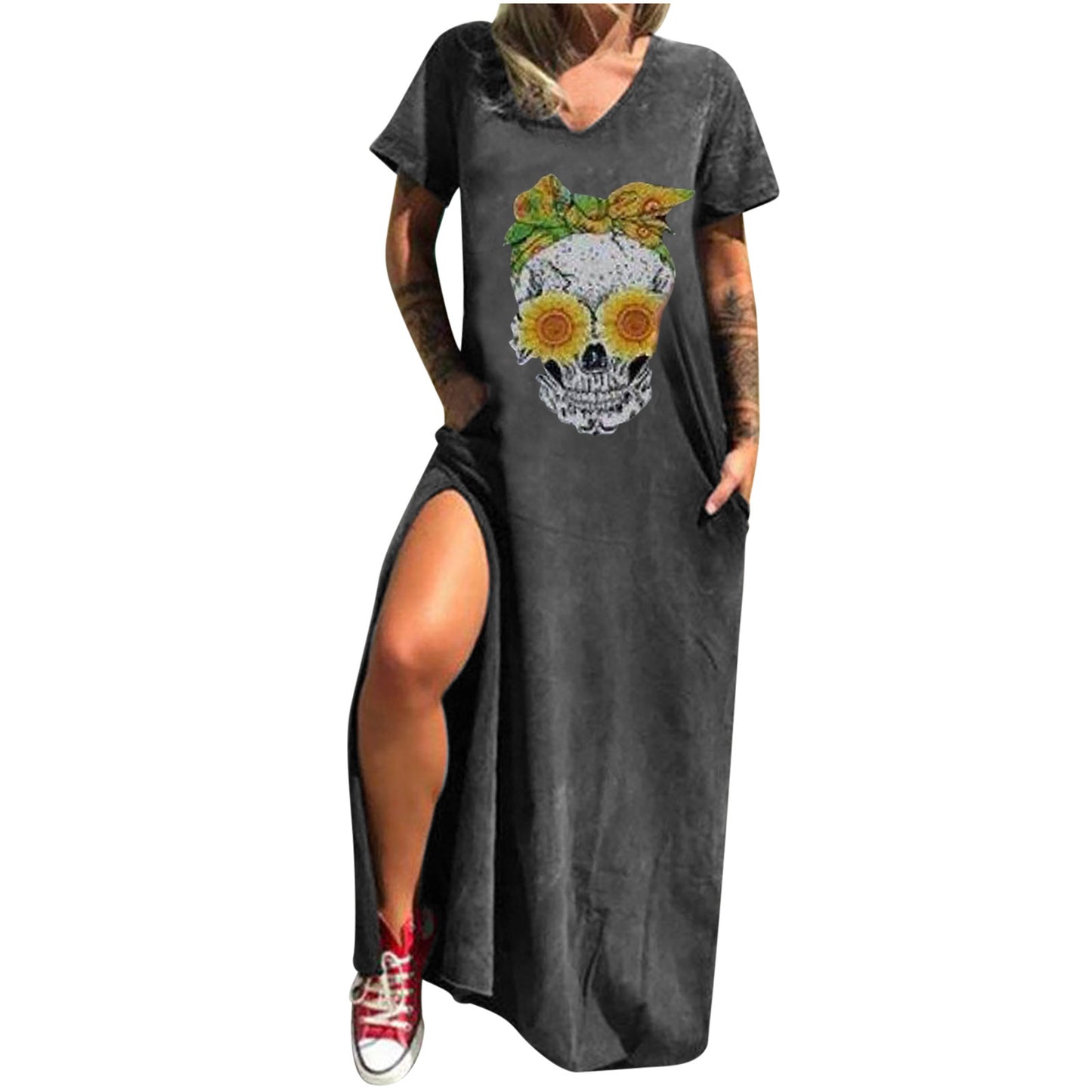 Skull Print Street Fashion Sleeve Slit Shorts