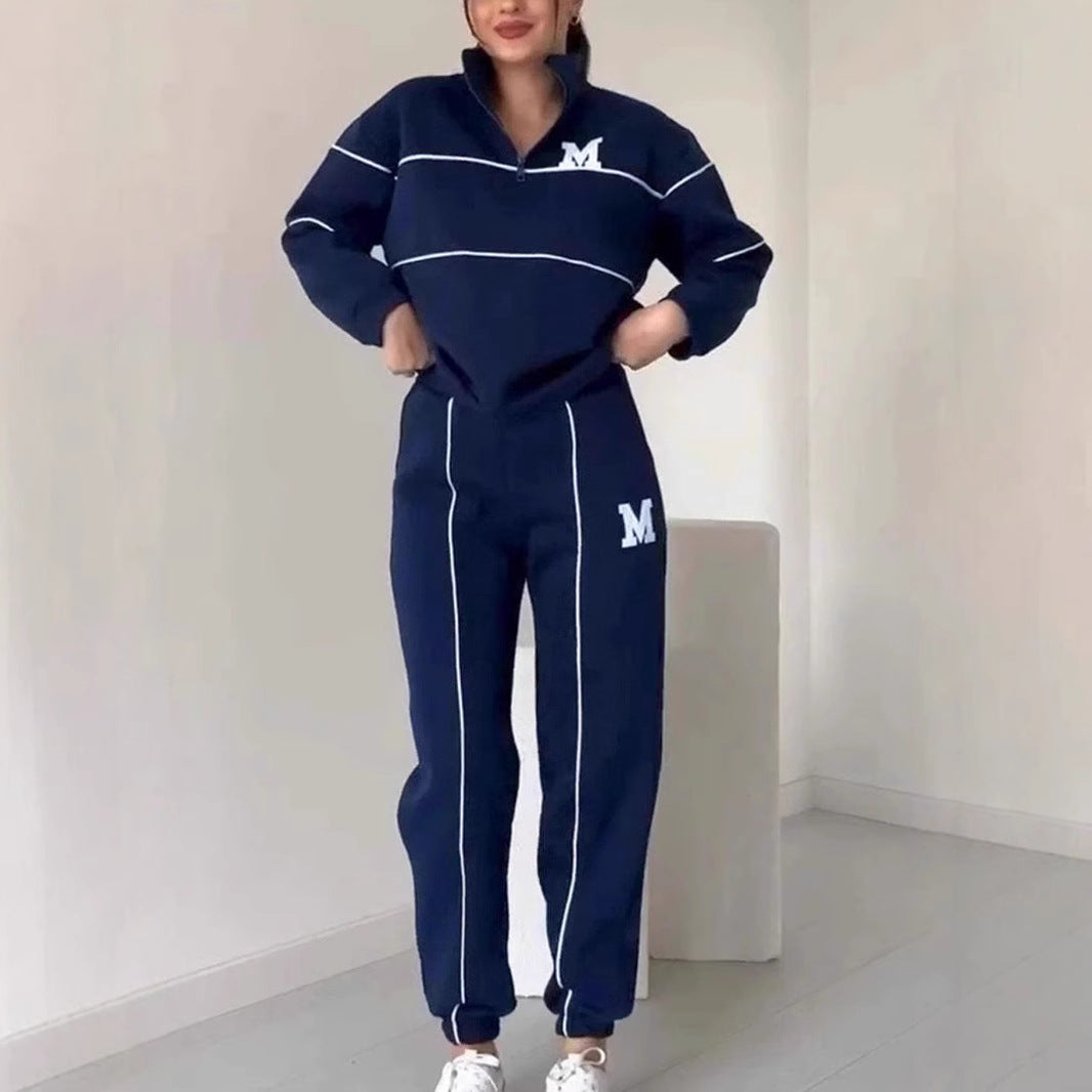 Women's Letter Heat Transfer Patch Long Sleeve Trousers Zipper Suits