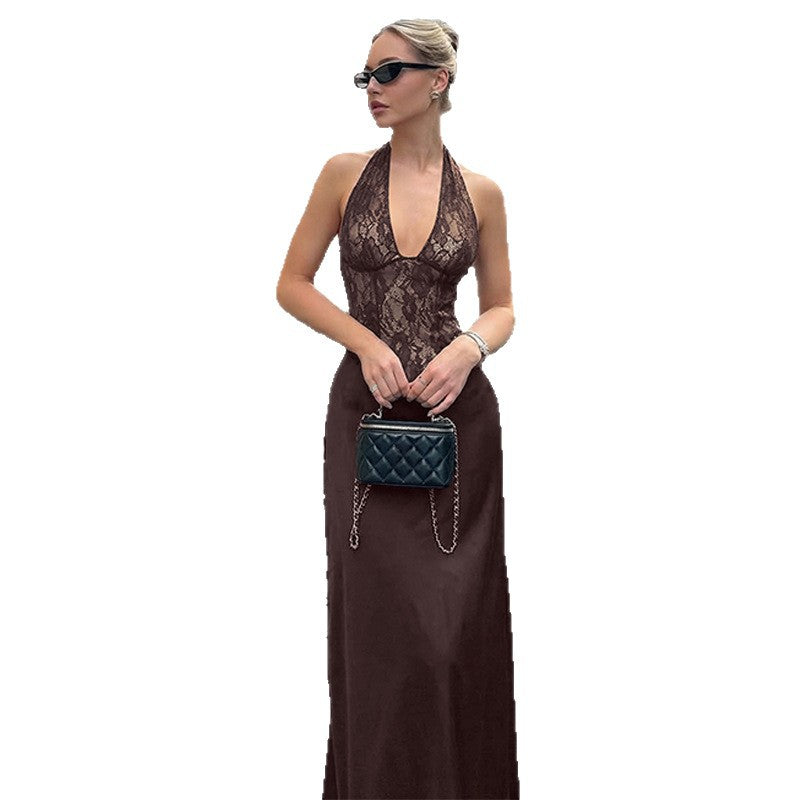 Women's Sexy Deep Lace Stitching Sleeveless Slim Dress