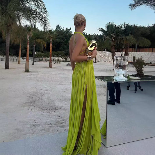 Women's Color Round Neck Sleeveless Sexy Backless Beach Dresses