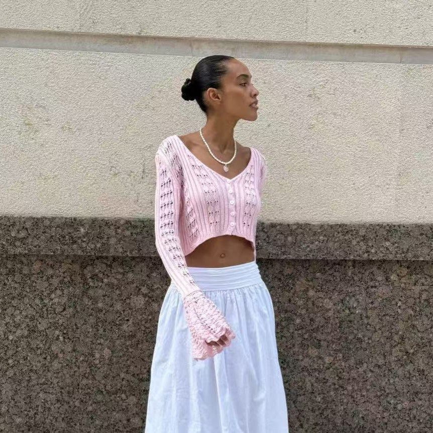 Women's Hollow Knitted Clothes Solid Color Long Blouses