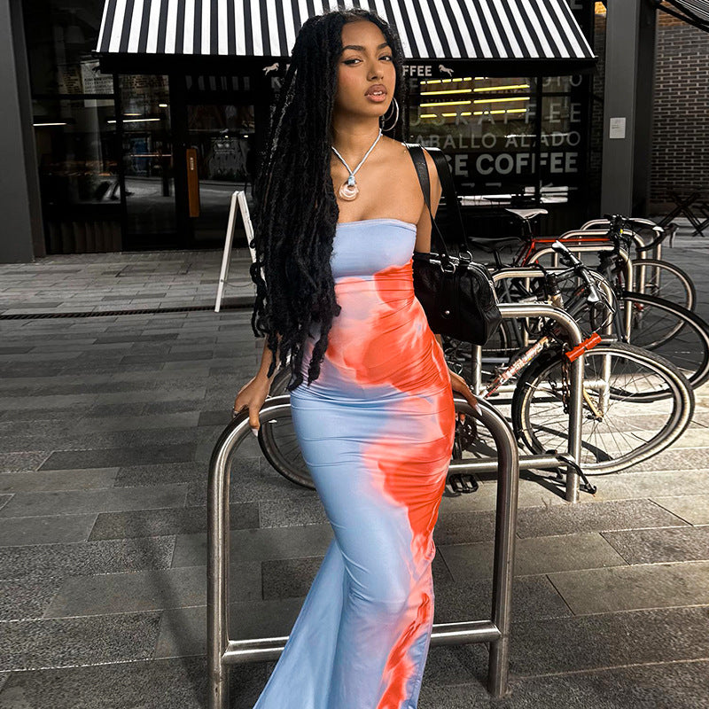 Summer High Sense Printing Color Contrast Tight Dresses