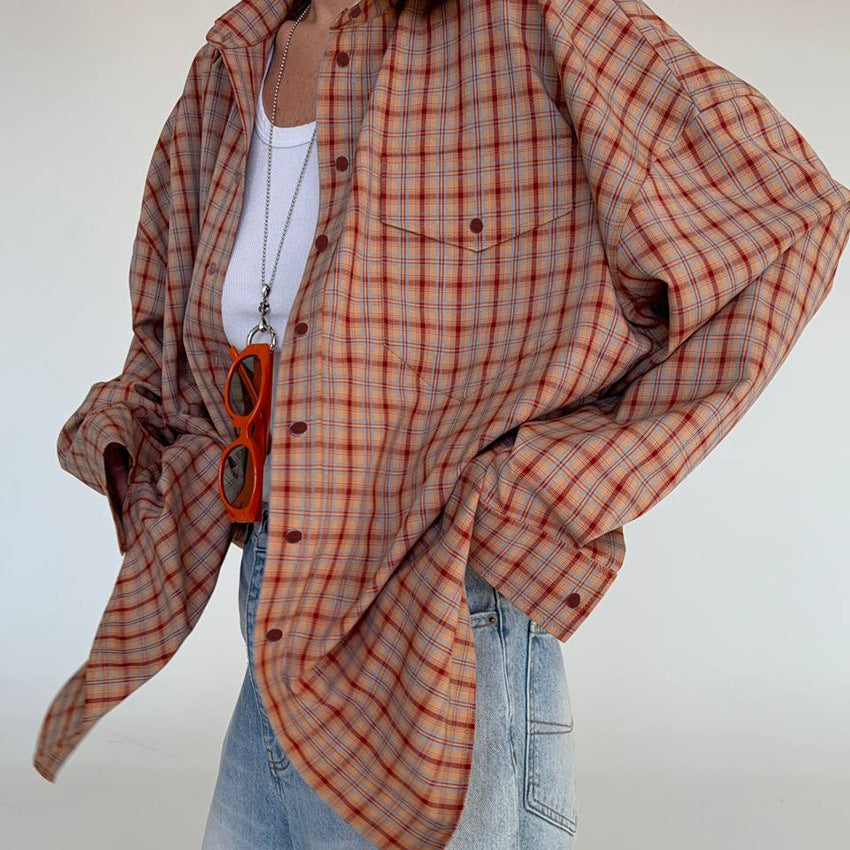 Retro Plaid Long Sleeve Design Sense Blouses