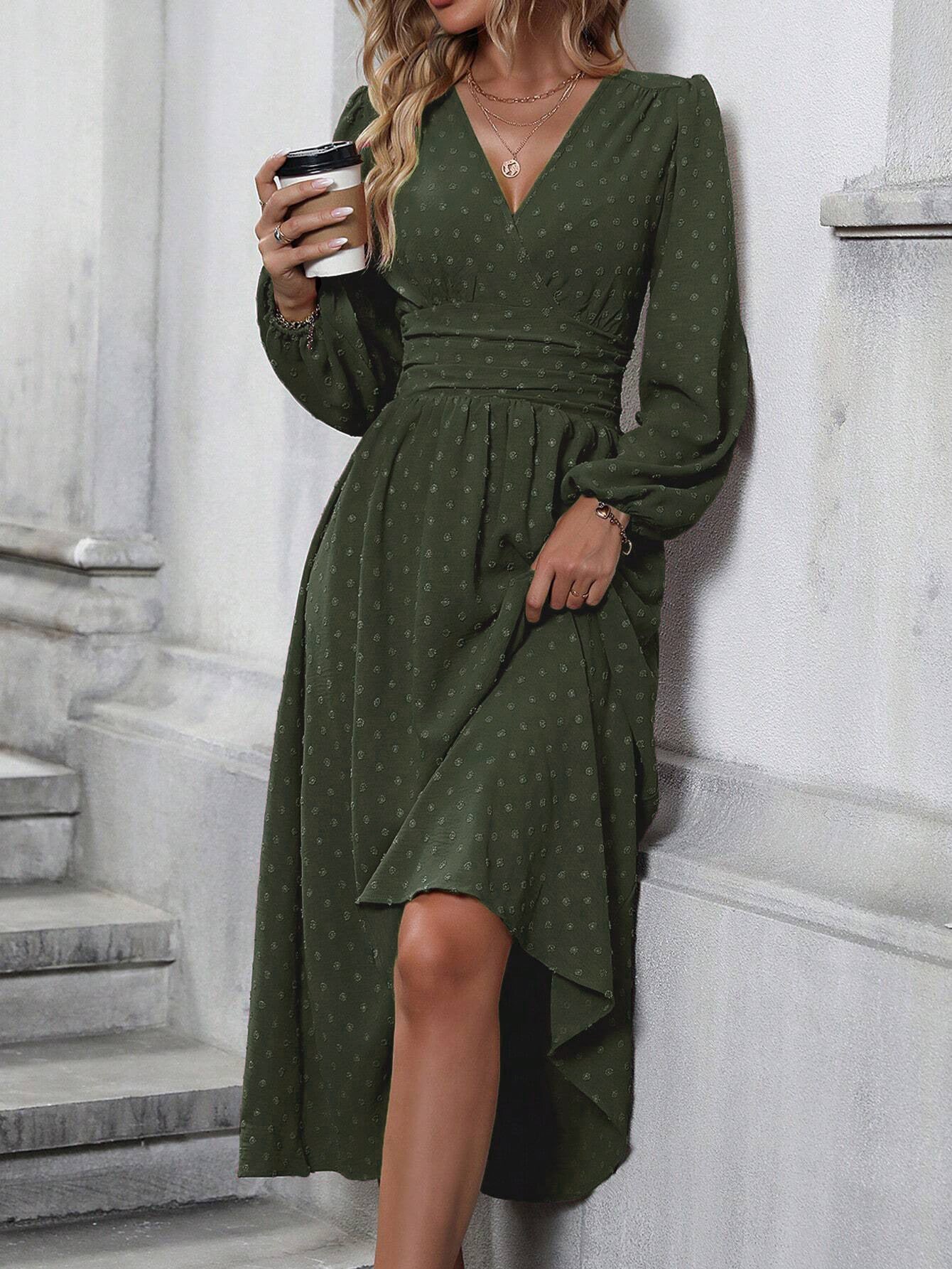 Women's Diagonal Collar Lantern Sleeve Elegant Slimming Dress