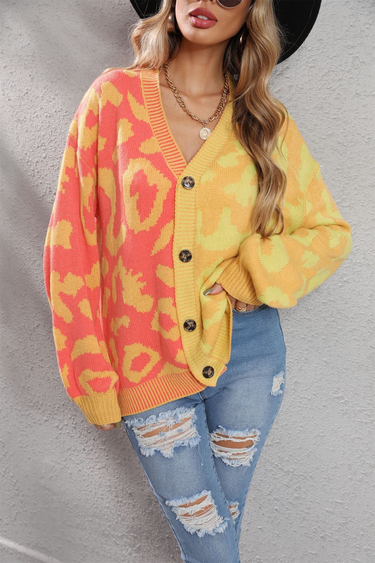 Graceful Comfortable Winter Leopard Splicing Button Women's Sweater