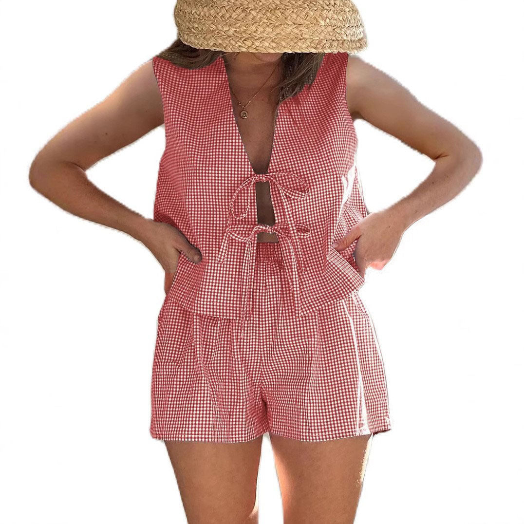 Women's Summer Vacation Style Plaid Drawstring Two-piece Fashion Casual Suit