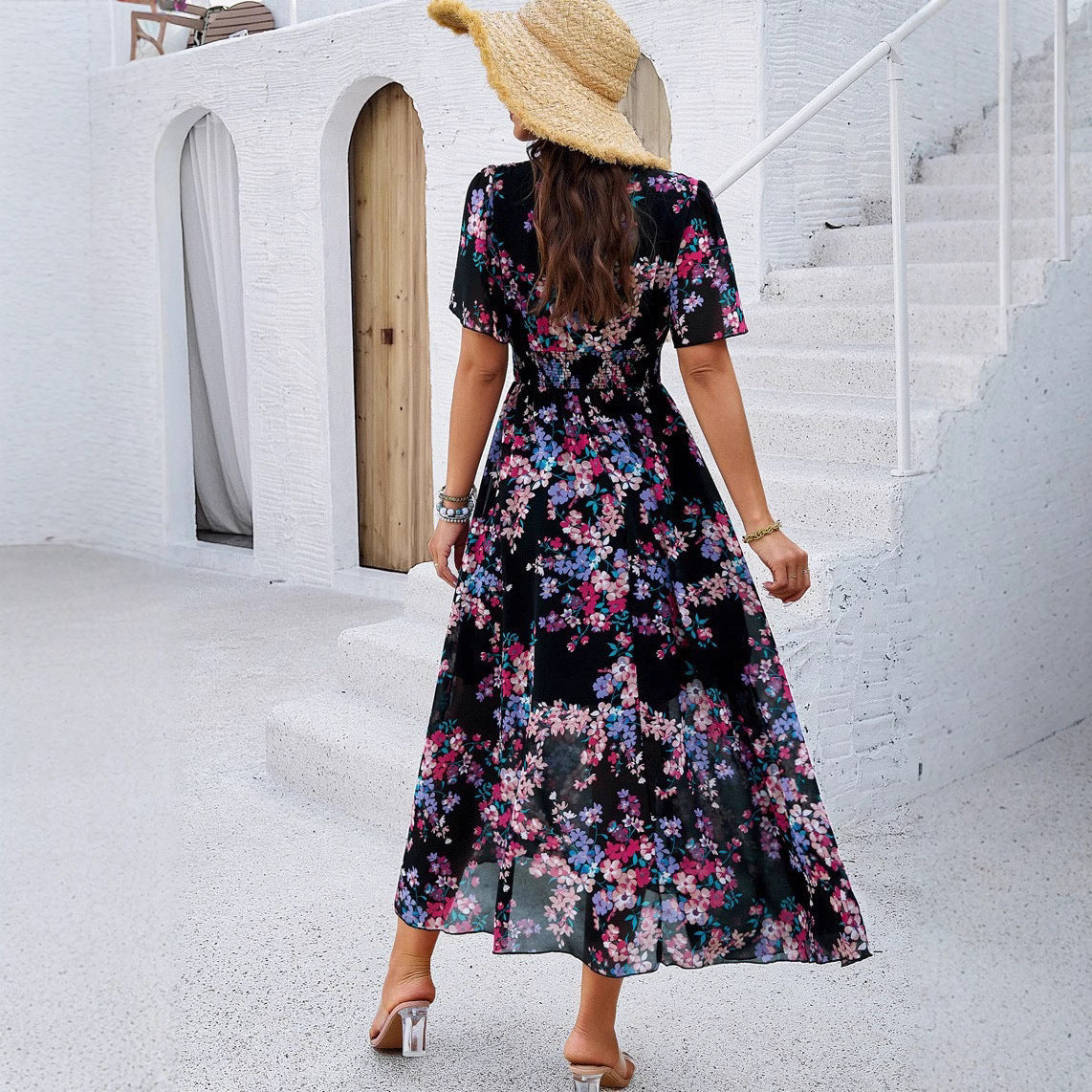 Women's Temperament Printed Waist Trimming Short-sleeved Chiffon Clothing