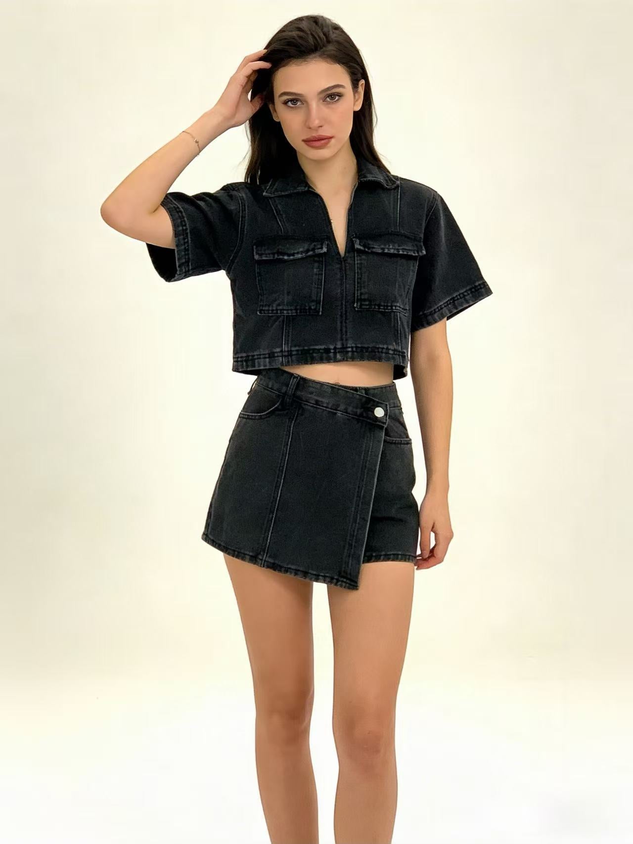 Women's Denim Culottes Summer Short-sleeved Hot High Suits