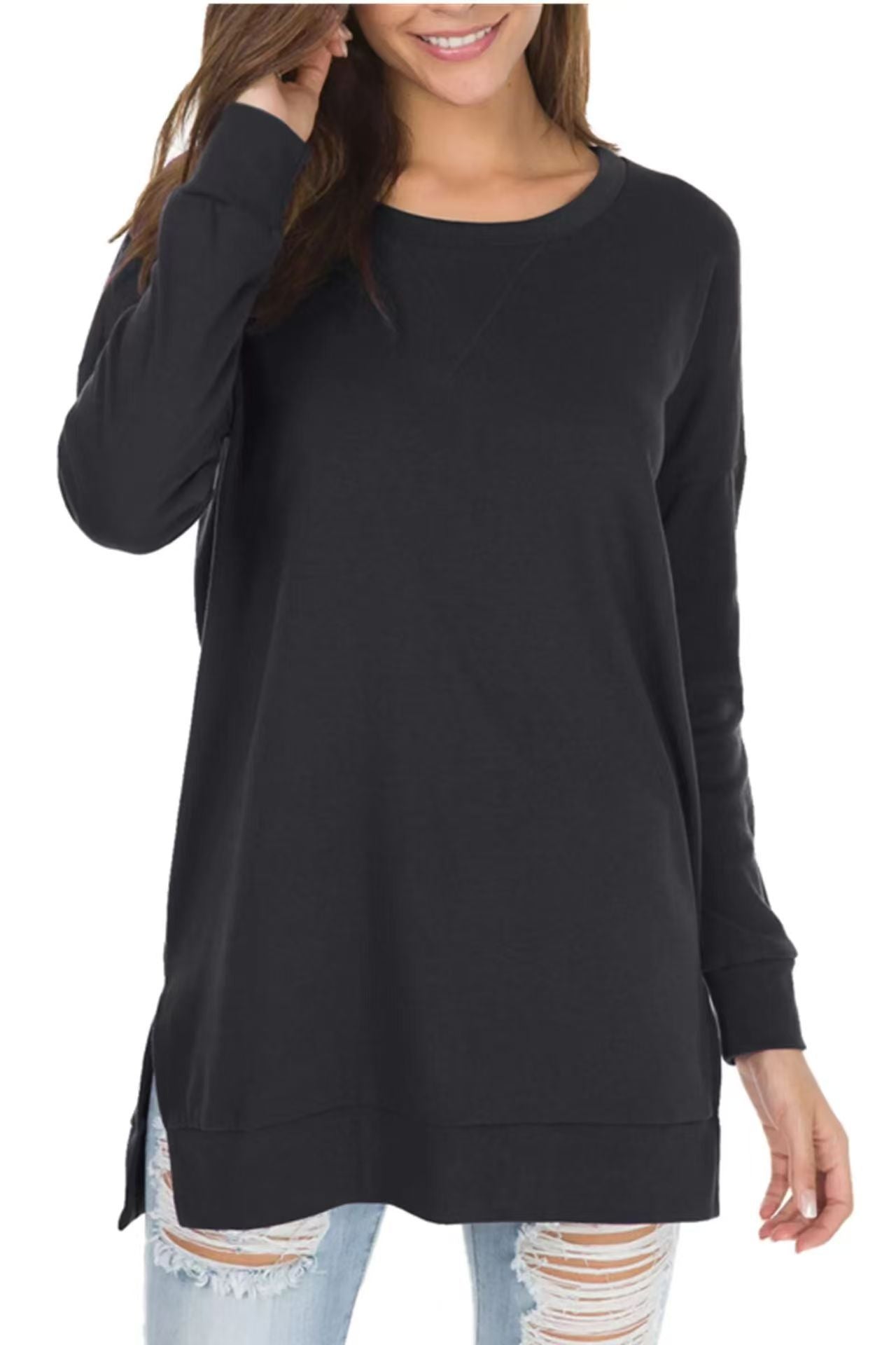 Women's Popular Slit Loose Round Neck Long Blouses