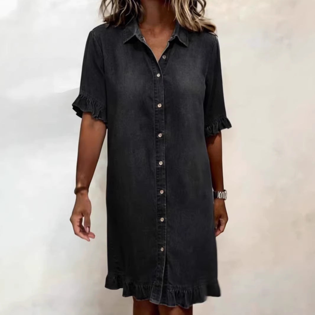 Women's Summer Loose Shirt Denim With Wooden Dress