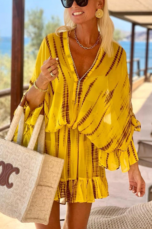 Women's Diamond Printed Batwing Sleeve Chiffon Loose Dresses