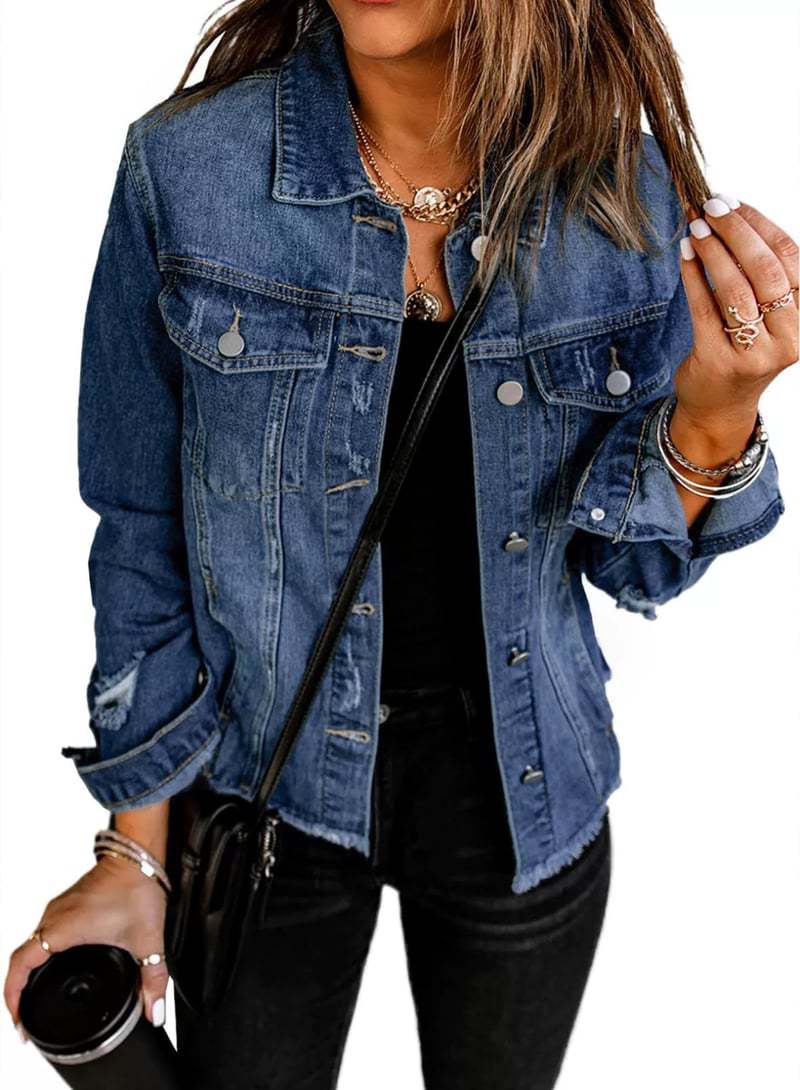Women's Denim Washed Shabby Lapel Long Sleeve Tops