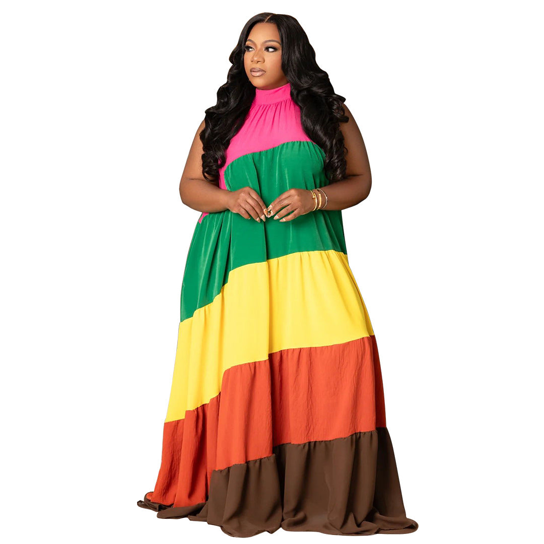 Women's Large Stitching Contrast Color Long Swing Dresses