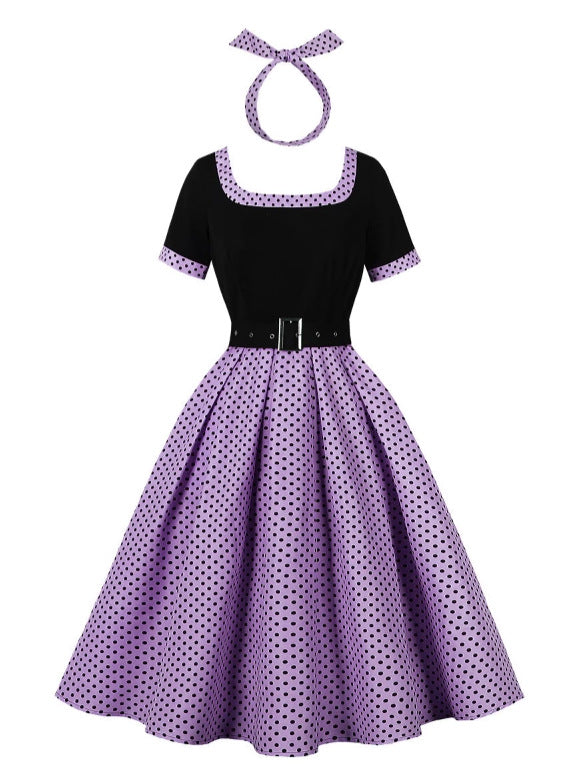 Women's Dots Stitching Square Collar High Big Dresses