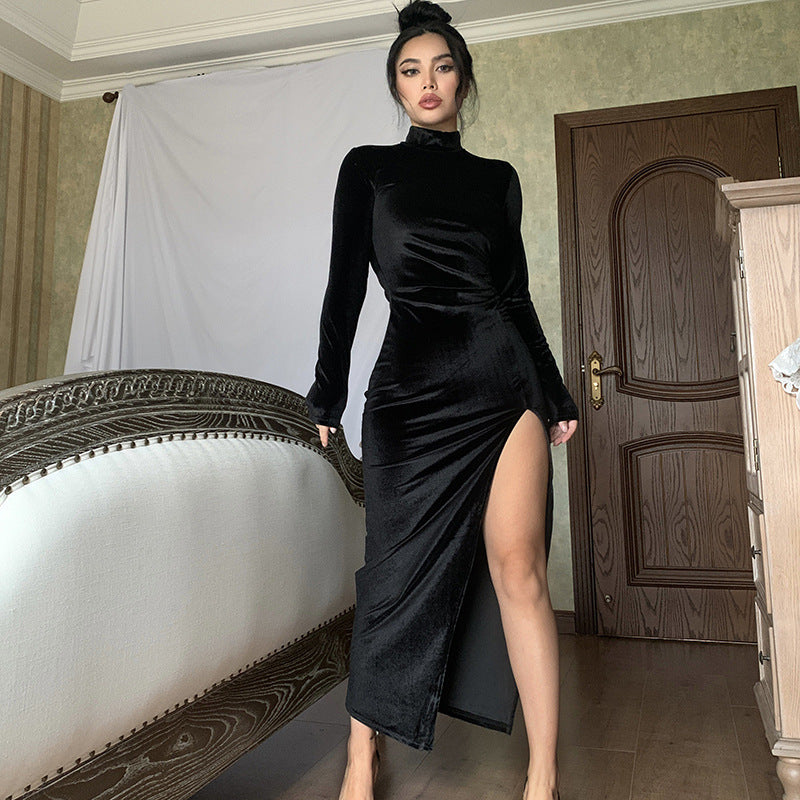 New Women's Turtleneck Long Pleated Split Dress