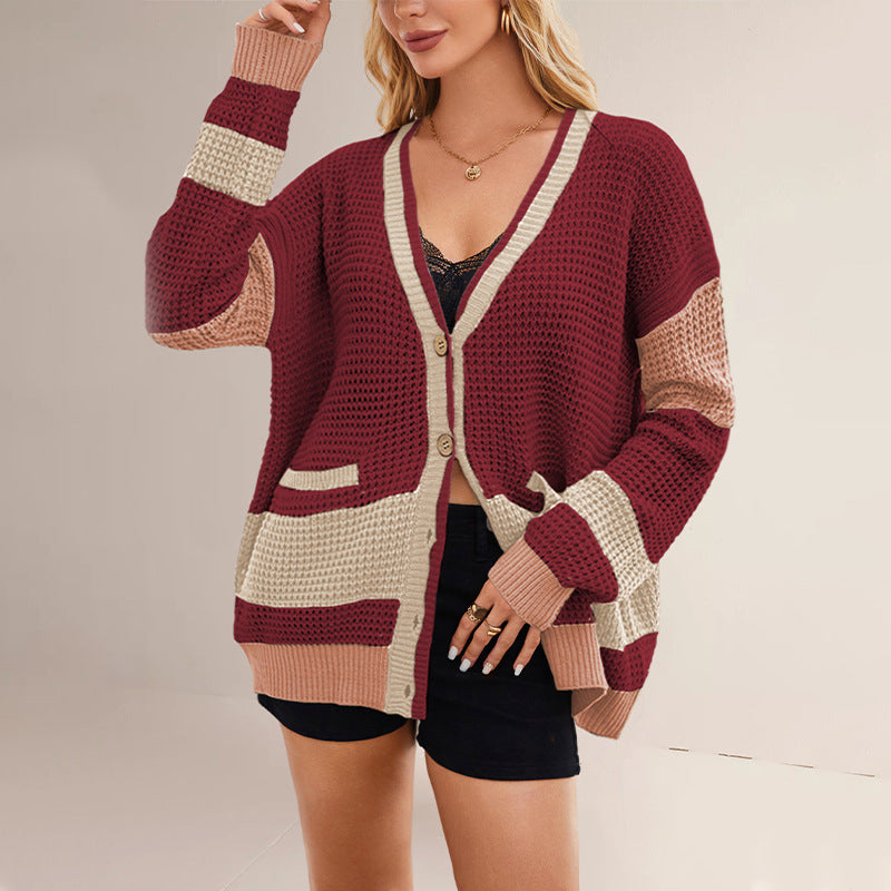 Women's Classy Knitted Pocket Color Matching Sweaters