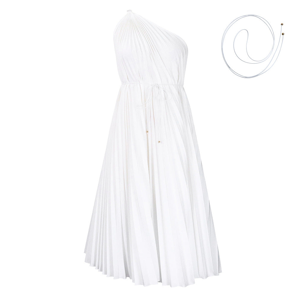 Women's Pleated Slant Shoulder Large Swing Strap Dresses
