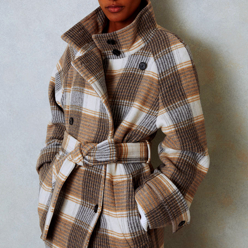 Women's Contrast Color Plaid Winter Lace Up Coats