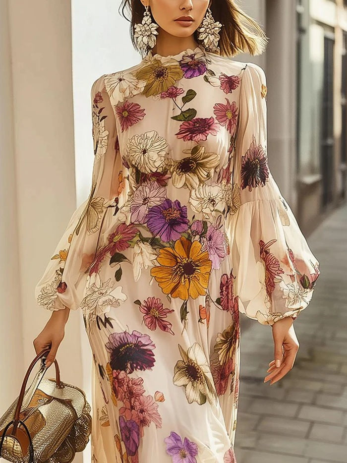 Women's Ruffled Waist Trimming Printing Dress Temperament Dresses