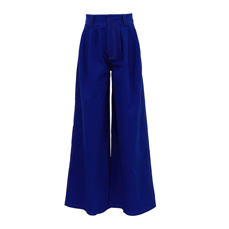 Women's American Style Double Pocket Blue Trousers Loose Pants
