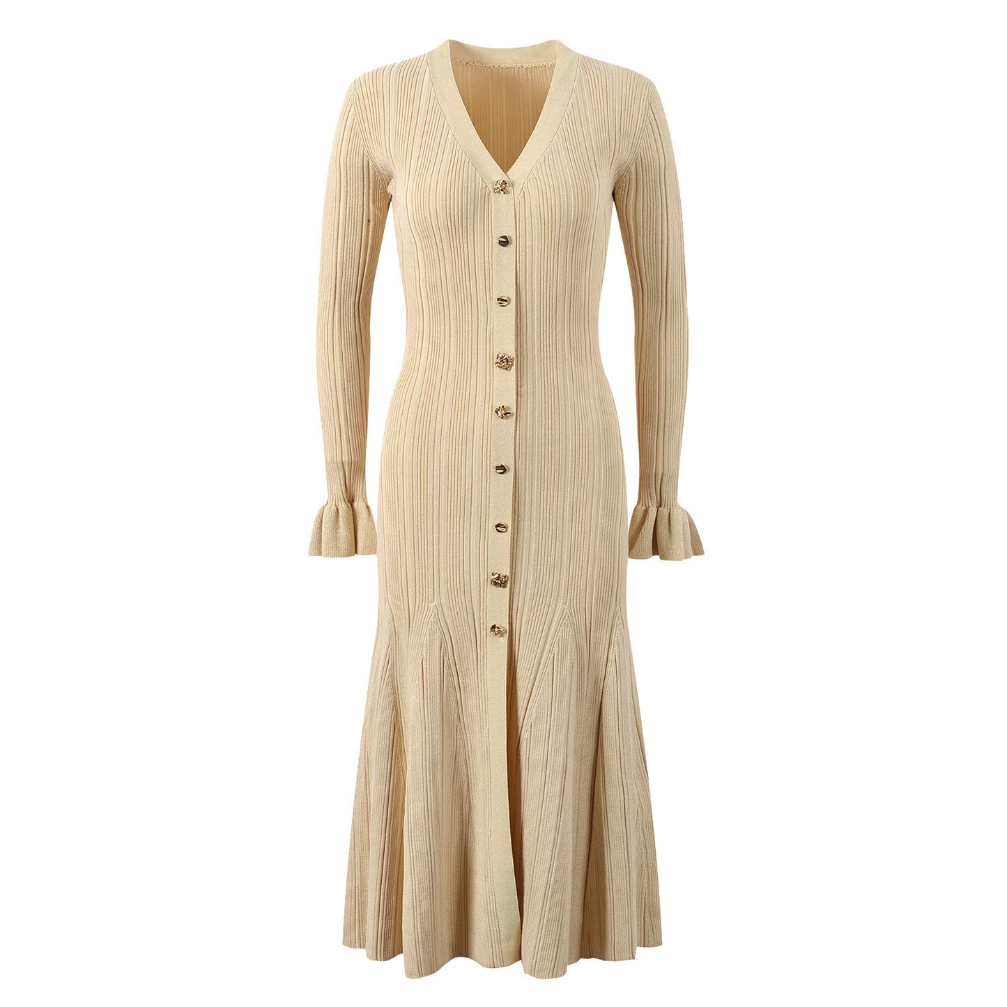 Women's French Style Long Gold Line Buckle Sleeve Dress