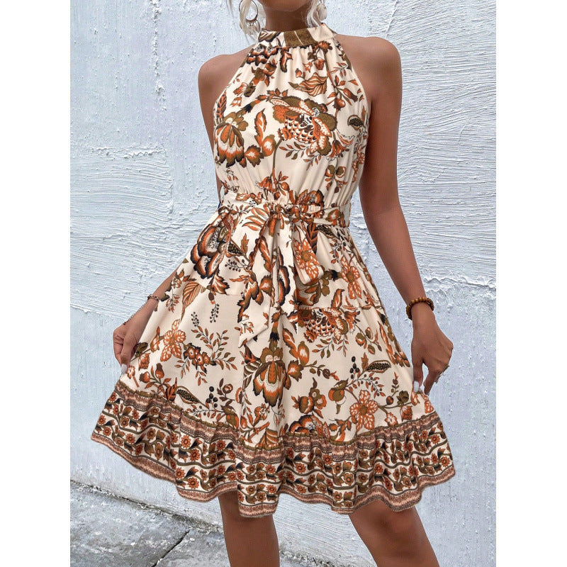 Women's Fashionable Floral Halter Cinched Sleeveless For Dress