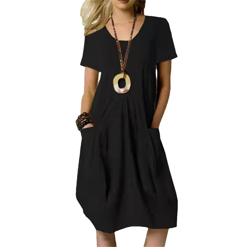 Cotton Linen Solid Color Loose Round Dress