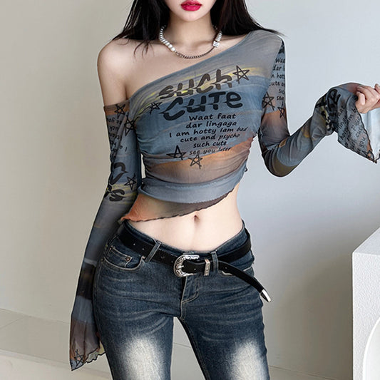 Contrast Color Letter Print T-shirt Lightweight Mesh Flared Blouses
