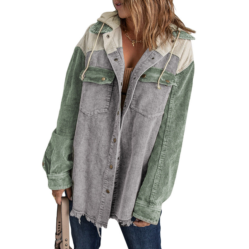Women's Hooded For Color Contrast Patchwork Single-breasted Jackets