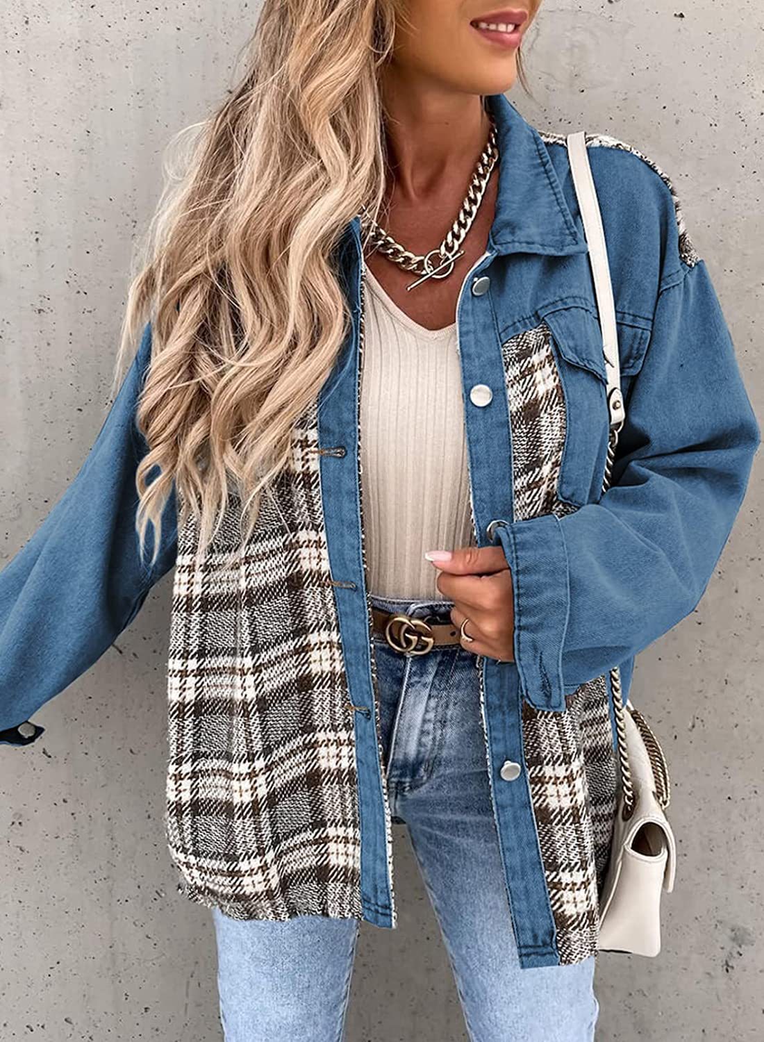 Denim Long Sleeve Plaid Button-down Shirt Jackets