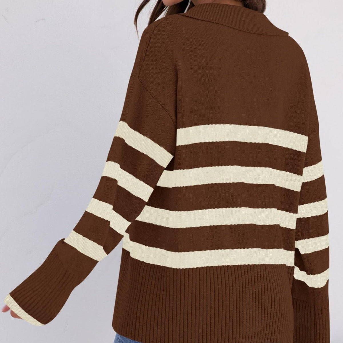 Women's Basic Loose Long Sleeve Outerwear Striped Polo Collar Sweater