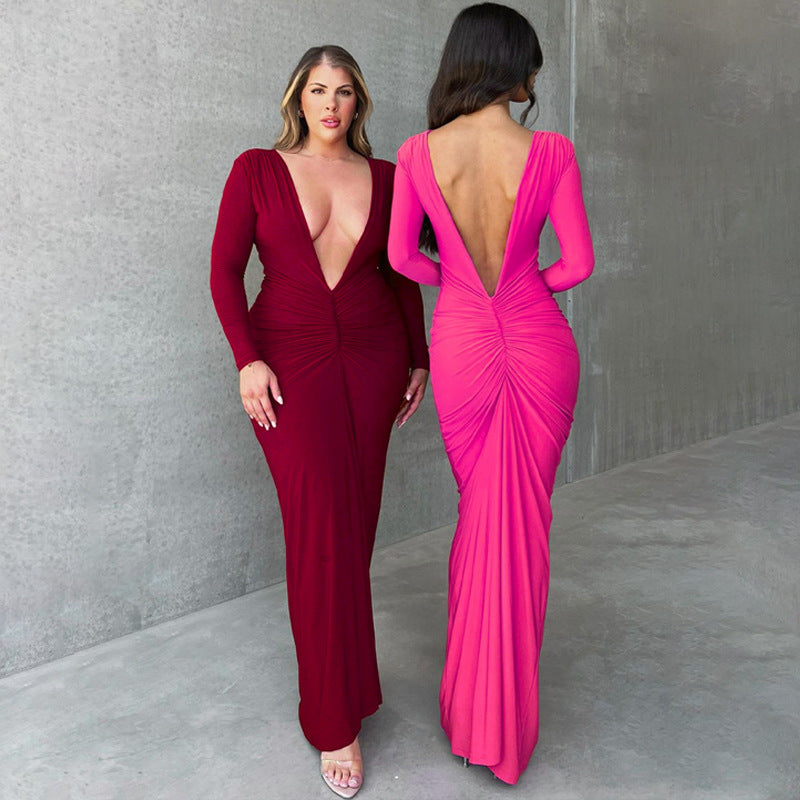 Women's Summer Fashion Sexy Slim Fit Pleated Solid Color Long Dress