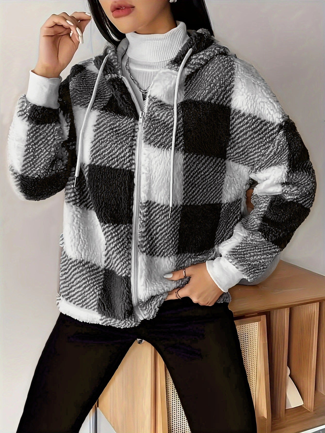 Women's Fleece Sweatshirt Loose Casual Hooded Plaid Women's Sweater, Sweater