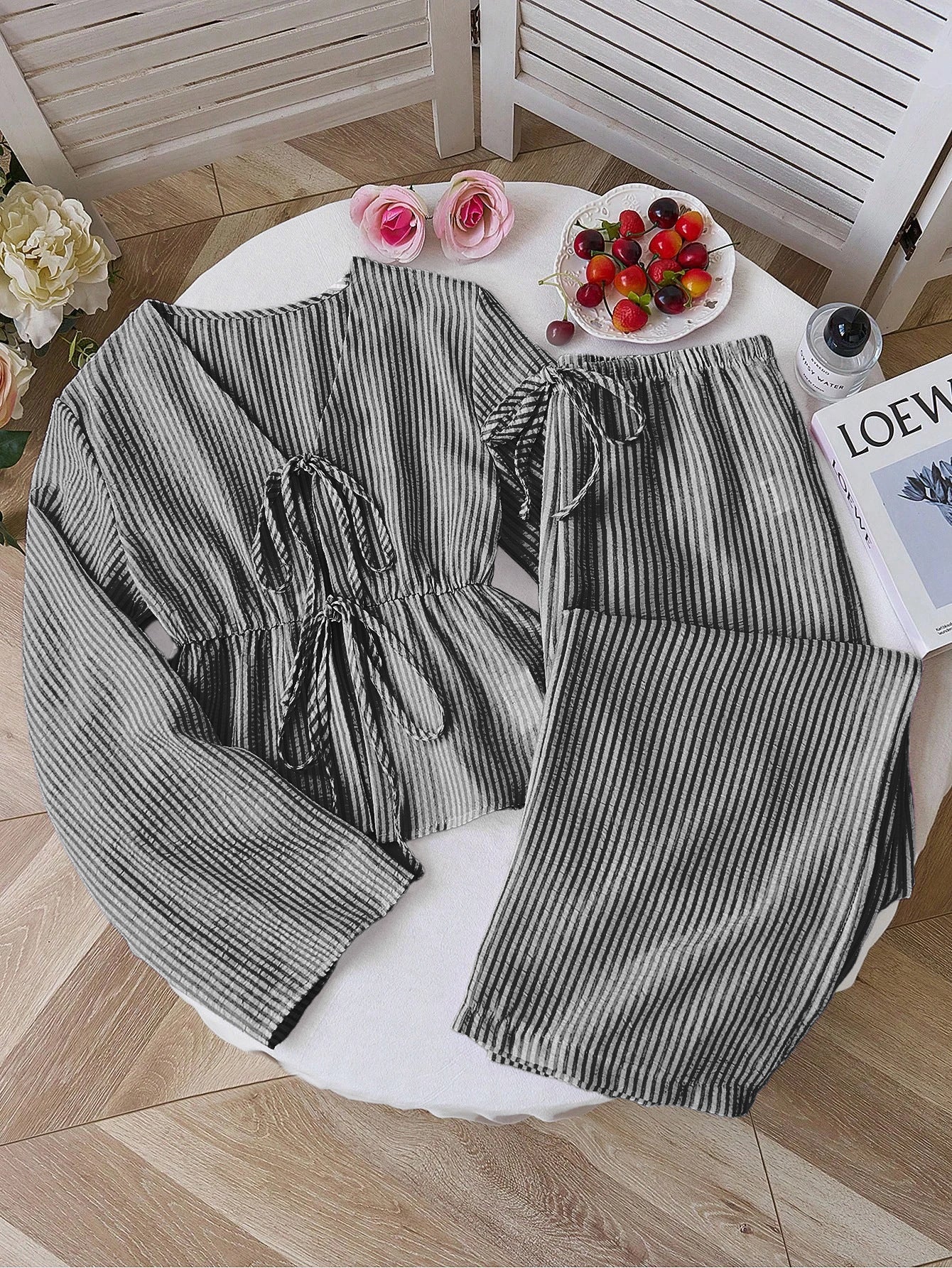 High-grade Striped Loose Two-piece Versatile Long Sleeve Suits
