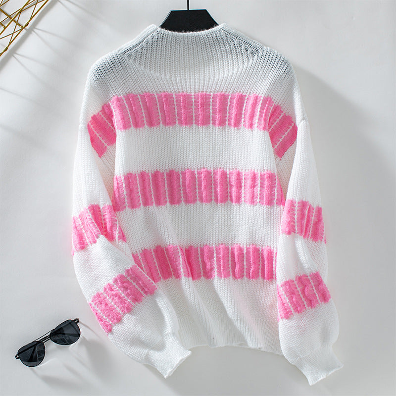 Women's Striped Pullover Fashionable Loose Mock Neck Sweater