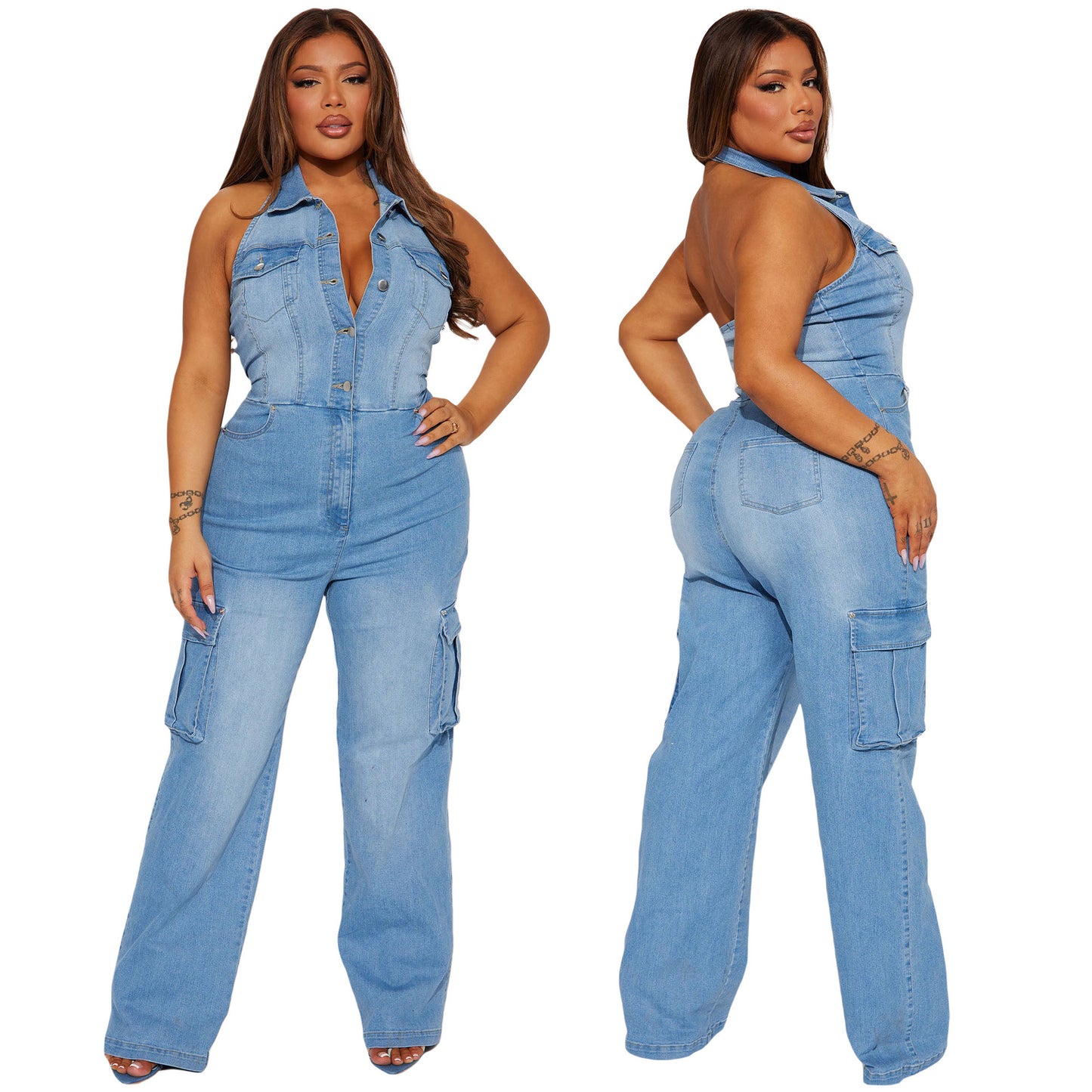 Waist Slim Elastic Washing Denim Straight Jumpsuits