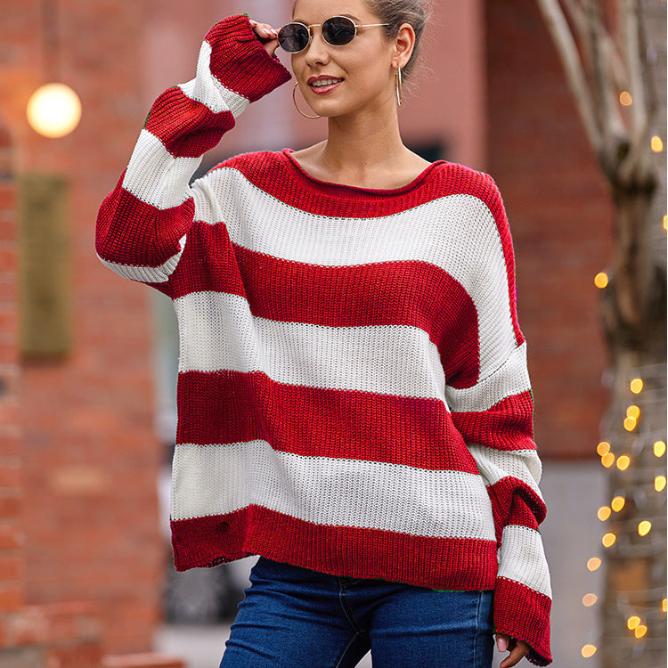 Women's Curling With Round Neck Striped Color Sweaters