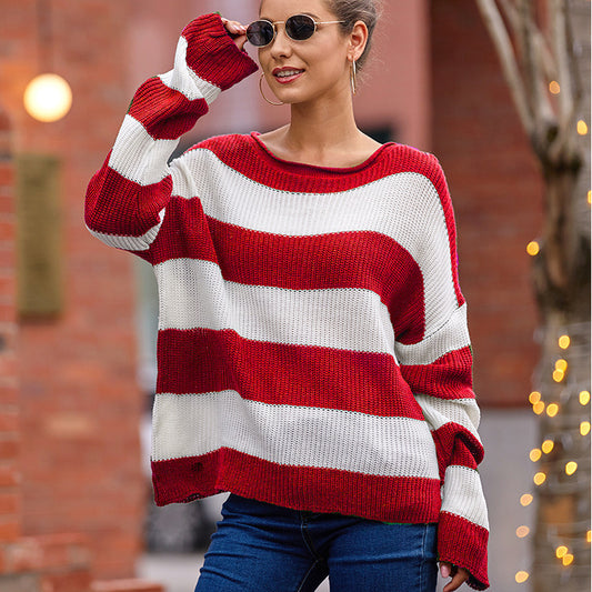 Women's Curling With Round Neck Striped Color Sweaters