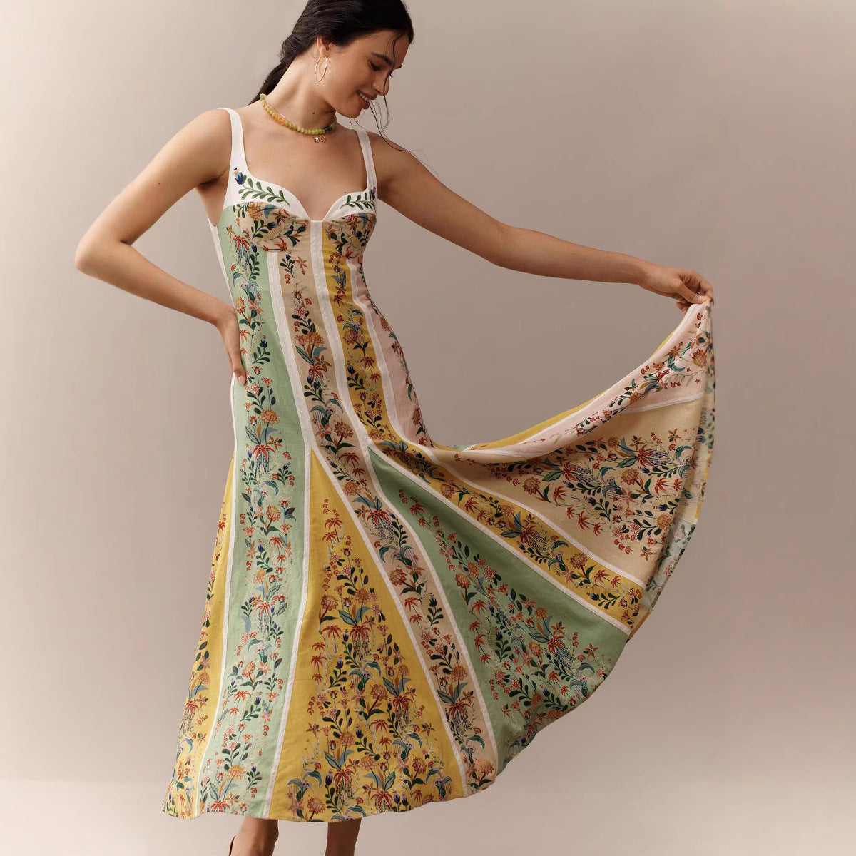 Strap Positioning Linen Printed Dress Loose Dresses