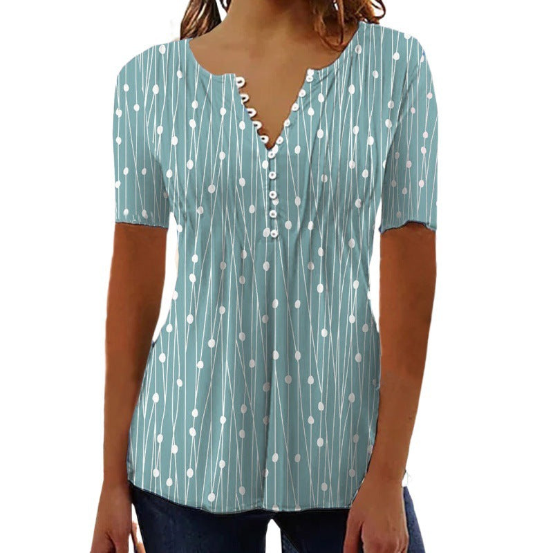 Classy Trendy Printed Short-sleeved Shirt Bottoming Blouses