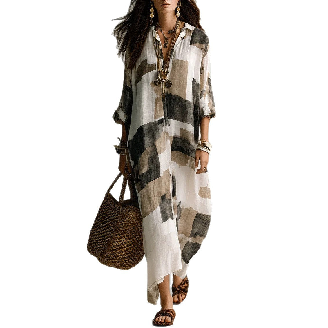 Women's Summer Geometric Printed Shirt Long Casual Vacation Style Dress