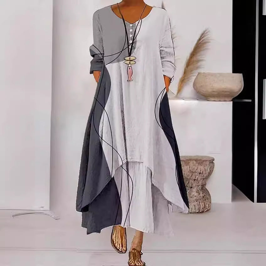 Women's Popular Printed Long-sleeved Hem Irregular Long Dress