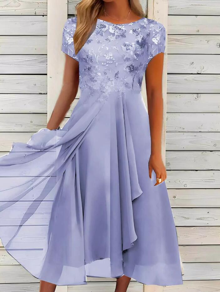 Chiffon Patchwork Round Neck Lace Long Dress